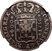 Portugal 600 Reis Countermarked over 1 Cruzado Portugal ND (1887)  IOANNES V D G PORT ET ALG REX 400 1750 coin reverse Portugal 600 Reis Countermarked over 1 Cruzado Portugal ND (1887)  IOANNES V D G PORT ET ALG REX 400 1750 coin reverse