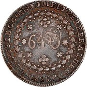 Portugal 600 Reis Luis I Countermarked issue over 640 Reis Pedro I Brazil ND (1887)  Countermarked over different dates PETRUS.I.D.G.CONST.IMP.ET.PERP.BRAS.DEF 640 1825.R coin obverse Portugal 600 Reis Luis I Countermarked issue over 640 Reis Pedro I Brazil ND (1887)  Countermarked over different dates PETRUS.I.D.G.CONST.IMP.ET.PERP.BRAS.DEF 640 1825.R coin obverse