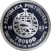 Portugal 750$00 XVII European Art Exhibition 1983 KM# 621 RÉPUBLICA PORTUGUESA DESCOBRIMENTOS RENASCIMENTO 1983 750$00 coin obverse