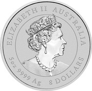Australia 8 Dollars Year of the Ox 2021 P Proof ELIZABETH II AUSTRALIA JC 5 OZ 9999 AG 8 DOLLARS coin obverse