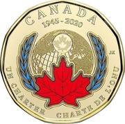 Canada Dollar 75th Anniversary of the UN Charter. Coloured 2020  CANADA 1945 - 2020 JK UN CHARTER CHARTRE DE L'ONU coin reverse Canada Dollar 75th Anniversary of the UN Charter. Coloured 2020  CANADA 1945 - 2020 JK UN CHARTER CHARTRE DE L'ONU coin reverse