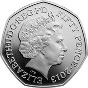 UK Fifty Pence 100th Anniversary of the Birth of Sir Benjamin Britten. Piedfort 2013  Proof ELIZABETH II D G REG F D FIFTY PENCE 2013 IRB coin obverse UK Fifty Pence 100th Anniversary of the Birth of Sir Benjamin Britten. Piedfort 2013  Proof ELIZABETH II D G REG F D FIFTY PENCE 2013 IRB coin obverse