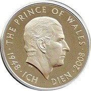 UK Five Pounds 60th Birthday of Prince Charles 2008 KM# 1103c THE PRINCE OF WALES 1948 ICH DIEN 2008 coin reverse
