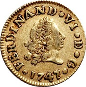 Spain 1/2 Escudo Fernando VI Madrid 1747 J KM# 372 FERDINAND VI D G 1747 coin obverse Spain 1/2 Escudo Fernando VI Madrid 1747 J KM# 372 FERDINAND VI D G 1747 coin obverse