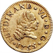 Spain 1/2 Escudo Fernando VI Seville 1755 PJ KM# 374 FERDINAND VI D G 1755 coin obverse Spain 1/2 Escudo Fernando VI Seville 1755 PJ KM# 374 FERDINAND VI D G 1755 coin obverse