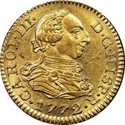 Spain 1/2 Escudo Charles III 1772 PJ KM# 415.1 CAROLUS III D G HISP R 1772 coin obverse Spain 1/2 Escudo Charles III 1772 PJ KM# 415.1 CAROLUS III D G HISP R 1772 coin obverse