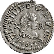 Spain 10 Reales Luis XIV Barcelona 1652 KM# 39 X R LVD XIIII D G R F C B 1651 coin obverse Spain 10 Reales Luis XIV Barcelona 1652 KM# 39 X R LVD XIIII D G R F C B 1651 coin obverse