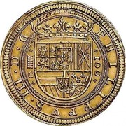 Spain 100 Escudos Philip III 1609 C KM# 38 PHILIPPVS III D G C 100 coin obverse Spain 100 Escudos Philip III 1609 C KM# 38 PHILIPPVS III D G C 100 coin obverse