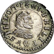 Spain 16 Maravedis Philip IV 1661 MD Y KM# 153.1 PHILIPPVS IIII D G 1661 coin obverse Spain 16 Maravedis Philip IV 1661 MD Y KM# 153.1 PHILIPPVS IIII D G 1661 coin obverse