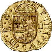 Spain 2 Escudos Sevilla 1610 S B KM# 48.3 PHILIPVS III D G S B II coin obverse Spain 2 Escudos Sevilla 1610 S B KM# 48.3 PHILIPVS III D G S B II coin obverse