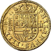 Spain 2 Escudos Philip IV 1652 Aqueduct BR KM# 137 PHILIPPVS IIII D G BR II coin obverse Spain 2 Escudos Philip IV 1652 Aqueduct BR KM# 137 PHILIPPVS IIII D G BR II coin obverse