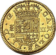 Spain 2 Escudos Charles II 1683 Aqueduct BR KM# 201 B CAROLVS II D G BR II coin obverse Spain 2 Escudos Charles II 1683 Aqueduct BR KM# 201 B CAROLVS II D G BR II coin obverse