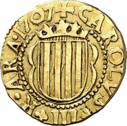 Spain 2 Escudos Carlos III Pretender 1707 KM# 47 CAROLVS III R ARA 1707 coin obverse Spain 2 Escudos Carlos III Pretender 1707 KM# 47 CAROLVS III R ARA 1707 coin obverse