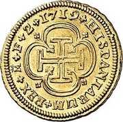 Spain 2 Escudos Felipe V Madrid 1719 F KM# 313 2 HISPANIARUM REX M F 1719 coin reverse Spain 2 Escudos Felipe V Madrid 1719 F KM# 313 2 HISPANIARUM REX M F 1719 coin reverse