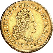 Spain 2 Escudos Felipe V Madrid 1729 KM# 344 PHILIP VDG HISPAN ET IND REX 1729 coin obverse Spain 2 Escudos Felipe V Madrid 1729 KM# 344 PHILIP VDG HISPAN ET IND REX 1729 coin obverse