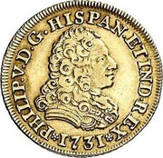 Spain 2 Escudos Felipe V Madrid 1731 JF KM# 352 PHILIP V D G HISPAN ET IND REX 1731 coin obverse Spain 2 Escudos Felipe V Madrid 1731 JF KM# 352 PHILIP V D G HISPAN ET IND REX 1731 coin obverse