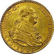 Spain 2 S Carlos IV 1803 FA KM# 435.1 CAROL IIII D G HISP ET IND R 1803 coin obverse Spain 2 S Carlos IV 1803 FA KM# 435.1 CAROL IIII D G HISP ET IND R 1803 coin obverse