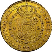 Spain 2 S Carlos IV 1803 FA KM# 435.1 IN UTROQ FELIX AUSPICE DEO M FA 2 S coin reverse Spain 2 S Carlos IV 1803 FA KM# 435.1 IN UTROQ FELIX AUSPICE DEO M FA 2 S coin reverse