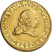Spain 2 Escudos Ferdinand VI 1749 PJ KM# 376.2 FERDINANDUS VI D G HISP REX 1749 coin obverse Spain 2 Escudos Ferdinand VI 1749 PJ KM# 376.2 FERDINANDUS VI D G HISP REX 1749 coin obverse