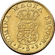Spain 2 Escudos Ferdinand VI 1749 PJ KM# 376.2 NOMINA MAGNA SEQUOR P S J coin reverse Spain 2 Escudos Ferdinand VI 1749 PJ KM# 376.2 NOMINA MAGNA SEQUOR P S J coin reverse