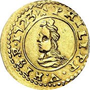 Spain 2 Escudos Philip V Bust 1723 KM# 43 1723 PHILIPP V HIS R coin obverse Spain 2 Escudos Philip V Bust 1723 KM# 43 1723 PHILIPP V HIS R coin obverse