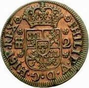 Spain 2 Maravedis Felipe V Segovia 1744 KM# 366 PHILIP V D G HISP REX 2 coin obverse Spain 2 Maravedis Felipe V Segovia 1744 KM# 366 PHILIP V D G HISP REX 2 coin obverse
