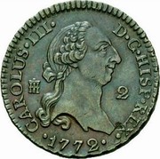Spain 2 Maravedis Segovia Acueduct 1772 KM# 406.2 CAROLUS III D G HISP REX 1772 2 coin obverse