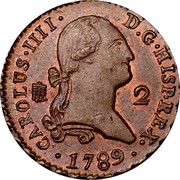 Spain 2 Maravedis Carlos IV 1789 KM# 426 CAROLUS IIII D G HISP REX 2 1789 coin obverse Spain 2 Maravedis Carlos IV 1789 KM# 426 CAROLUS IIII D G HISP REX 2 1789 coin obverse