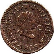 Spain 2 Maravedis Fernando VII Jubia 1819 J KM# 488 FERDIN VII D G HISP REX J 2 1819 coin obverse Spain 2 Maravedis Fernando VII Jubia 1819 J KM# 488 FERDIN VII D G HISP REX J 2 1819 coin obverse