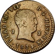 Spain 2 Maravedis Fernando VII Jubia 1824 J KM# 504 FERDIN VII D G HISP REX J 2 1824 coin obverse Spain 2 Maravedis Fernando VII Jubia 1824 J KM# 504 FERDIN VII D G HISP REX J 2 1824 coin obverse
