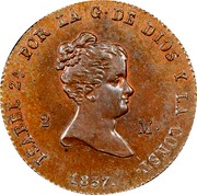 Spain 2 M Departamento de Grabado 1837 DG KM# 532.3 ISABEL 2A POR LA DE DIOS Y LA CONST 2 M 1837 coin obverse Spain 2 M Departamento de Grabado 1837 DG KM# 532.3 ISABEL 2A POR LA DE DIOS Y LA CONST 2 M 1837 coin obverse