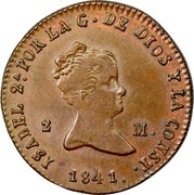 Spain 2 M Jubia J 1841 KM# 532.2 ISABEL 2A POR LA G DE DIOS Y LA CONST 1841 2 M coin obverse Spain 2 M Jubia J 1841 KM# 532.2 ISABEL 2A POR LA G DE DIOS Y LA CONST 1841 2 M coin obverse
