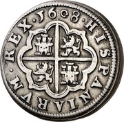 Spain 2 Reales Philip III 1608 C KM# 32 HISPANIARVM REX 1608 coin reverse Spain 2 Reales Philip III 1608 C KM# 32 HISPANIARVM REX 1608 coin reverse