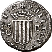 Spain 2 Reales Philip III 1651 KM# 38 PHILIPPVS III DEI G CA II coin obverse Spain 2 Reales Philip III 1651 KM# 38 PHILIPPVS III DEI G CA II coin obverse