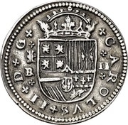 Spain 2 Reales Charles II 1684 Aqueduct BR KM# 199 CAROLUS II D G B II coin obverse Spain 2 Reales Charles II 1684 Aqueduct BR KM# 199 CAROLUS II D G B II coin obverse