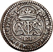 Spain 2 Reales Charles III Pretender 1708 KM# PT5 HISPANIARVM REX 1708 coin obverse Spain 2 Reales Charles III Pretender 1708 KM# PT5 HISPANIARVM REX 1708 coin obverse