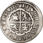 Spain 2 Reales Felipe V Madrid 1711 J KM# 290 HISPANIARUM REX 1711 coin reverse Spain 2 Reales Felipe V Madrid 1711 J KM# 290 HISPANIARUM REX 1711 coin reverse