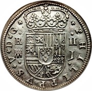 Spain 2 Reales Felipe V 1717 J Numerous die varieties exist for 1717 KM# 297 PHILIPPVS V D G R II J coin obverse Spain 2 Reales Felipe V 1717 J Numerous die varieties exist for 1717 KM# 297 PHILIPPVS V D G R II J coin obverse