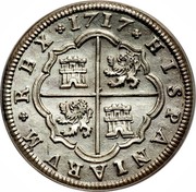 Spain 2 Reales Felipe V 1717 J Numerous die varieties exist for 1717 KM# 297 1717 HISPANIARVM REX coin reverse Spain 2 Reales Felipe V 1717 J Numerous die varieties exist for 1717 KM# 297 1717 HISPANIARVM REX coin reverse