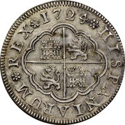 Spain 2 Reales Luis I Segovia 1724 F KM# 328 1724 HISPANIARUM REX coin reverse Spain 2 Reales Luis I Segovia 1724 F KM# 328 1724 HISPANIARUM REX coin reverse