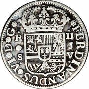 Spain 2 Reales Fernando VI 1758 JV KM# 386.2 FERDINANDUS VI D G R II M JB coin obverse Spain 2 Reales Fernando VI 1758 JV KM# 386.2 FERDINANDUS VI D G R II M JB coin obverse