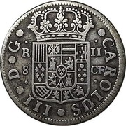 Spain 2 Reales Sevilla 1770 CF KM# 388.2 CAROLUS III D G R II S CF coin obverse Spain 2 Reales Sevilla 1770 CF KM# 388.2 CAROLUS III D G R II S CF coin obverse