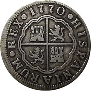 Spain 2 Reales Sevilla 1770 CF KM# 388.2 HISPANIARUM REX 1770 coin reverse Spain 2 Reales Sevilla 1770 CF KM# 388.2 HISPANIARUM REX 1770 coin reverse