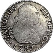 Spain 2 Reales Carlos IV 1799 MF KM# 430.1 CAROLUS IIII DEI G 1807 coin obverse Spain 2 Reales Carlos IV 1799 MF KM# 430.1 CAROLUS IIII DEI G 1807 coin obverse