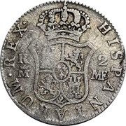 Spain 2 Reales Carlos IV 1799 MF KM# 430.1 HISPANIARUM REX R 2 M AJ coin reverse Spain 2 Reales Carlos IV 1799 MF KM# 430.1 HISPANIARUM REX R 2 M AJ coin reverse