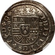Spain 2 Reales (Felipe V Cuenca) KM# 308 PHILIPPUS V D G R II C J A J coin obverse Spain 2 Reales (Felipe V Cuenca) KM# 308 PHILIPPUS V D G R II C J A J coin obverse
