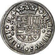 Spain 2 Reales Felipe V Seville 1718 M KM# 307 PHILIPPUS V D G R II S J coin obverse Spain 2 Reales Felipe V Seville 1718 M KM# 307 PHILIPPUS V D G R II S J coin obverse