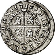 Spain 2 Reales Felipe V Seville 1718 M KM# 307 1725 HISPANIARUM REX coin reverse Spain 2 Reales Felipe V Seville 1718 M KM# 307 1725 HISPANIARUM REX coin reverse