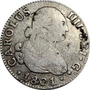Spain 2 Reales Sevilla 1801 CN KM# 430.2 CAROLUS IIII DEI G 1808 coin obverse Spain 2 Reales Sevilla 1801 CN KM# 430.2 CAROLUS IIII DEI G 1808 coin obverse