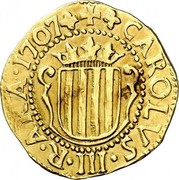 Spain 4 Escudos Carlos III Pretender 1707 KM# 48 CAROLVS III R ARA 1707 coin obverse Spain 4 Escudos Carlos III Pretender 1707 KM# 48 CAROLVS III R ARA 1707 coin obverse
